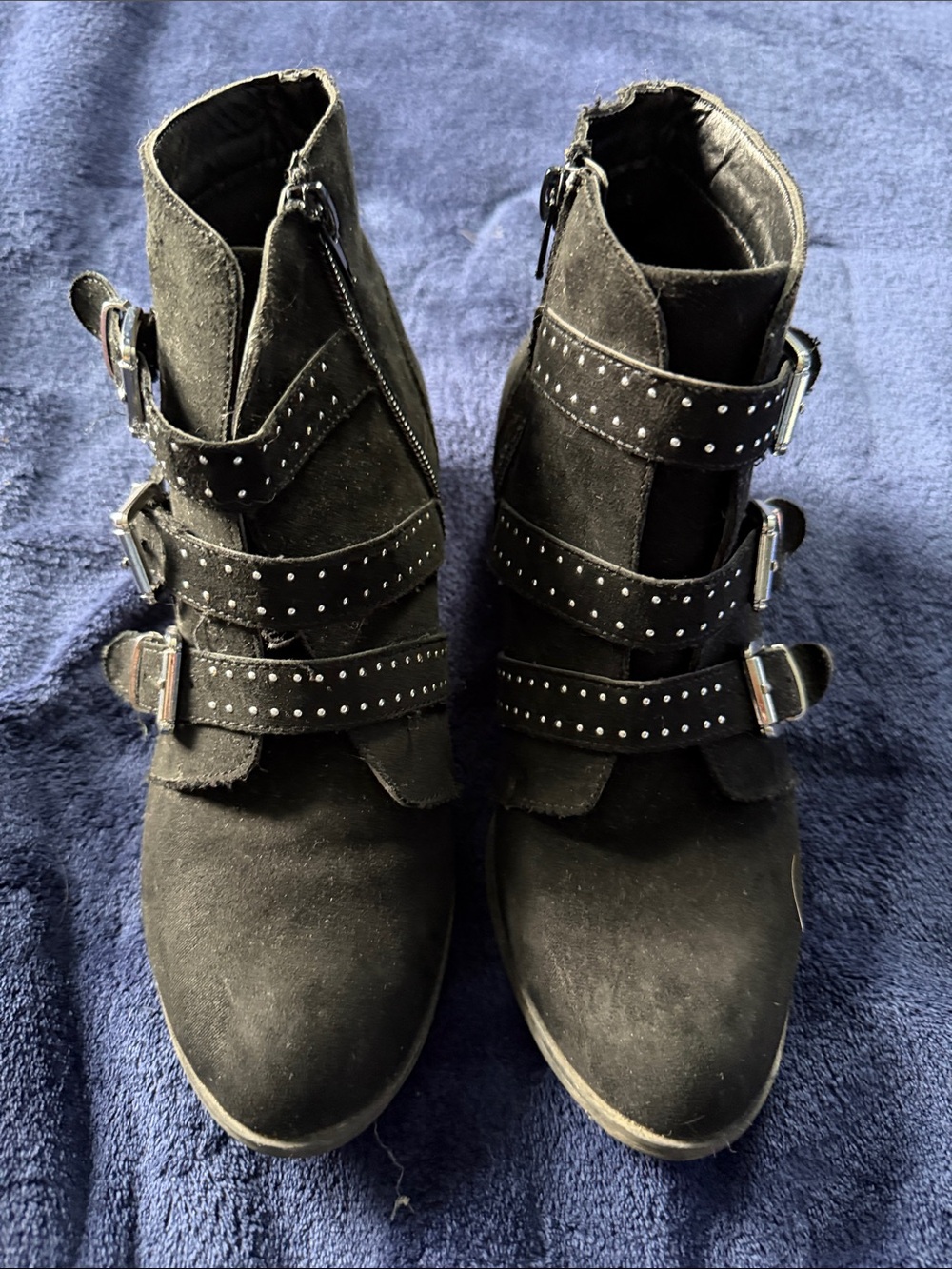 a.n.a Black Studded Suede Ankle Booties with Triple Buckles